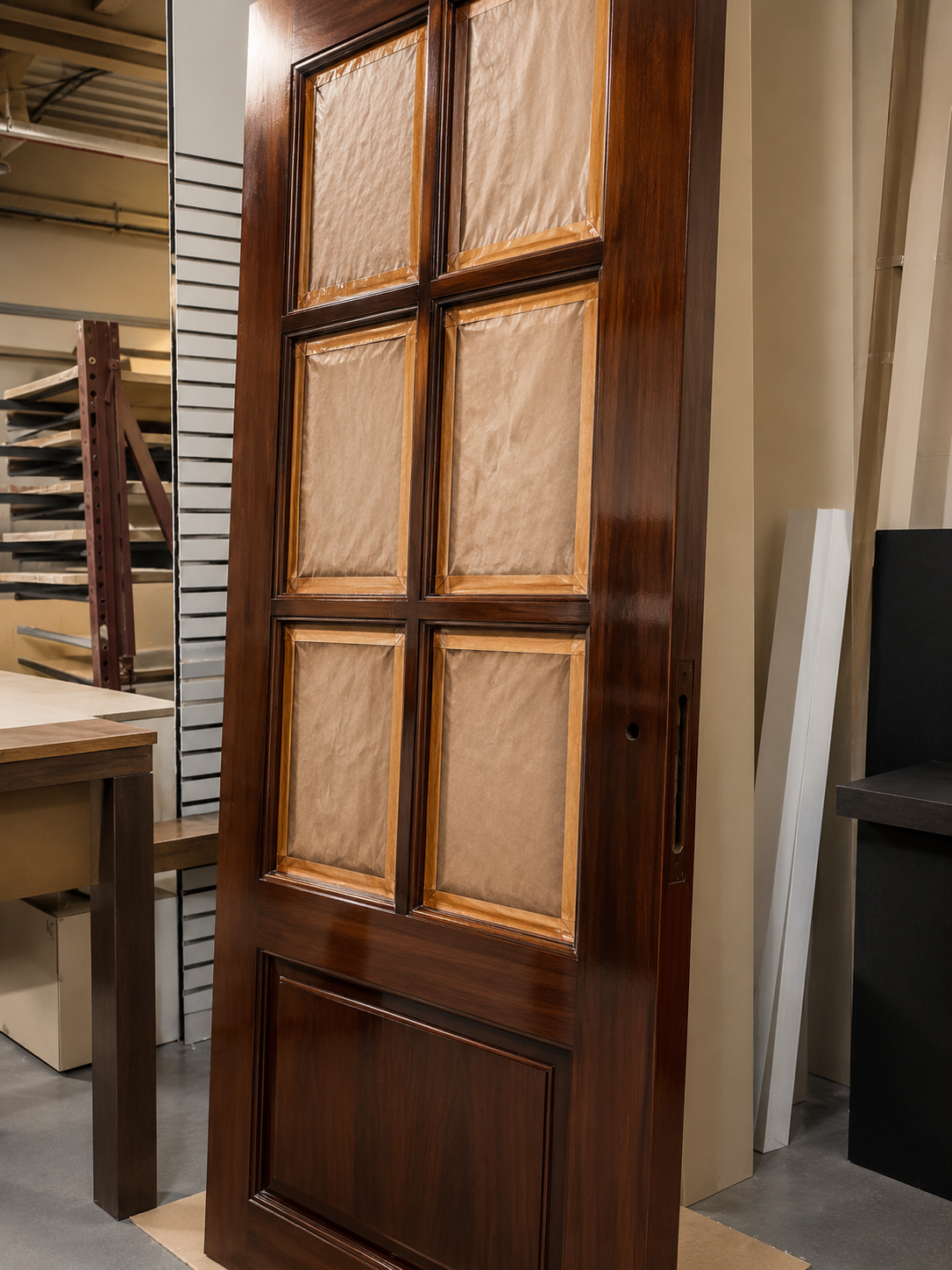 Completed mahogany door with glazed panels — inspected against shop drawing specifications before packaging